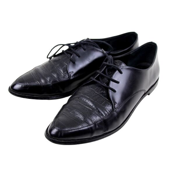 SABA BLACK GENUINE LEATHER CROCO PRINT LACE LOW HEEL POINTED TOE OXFORD SHOES 39 - Picture 3 of 11